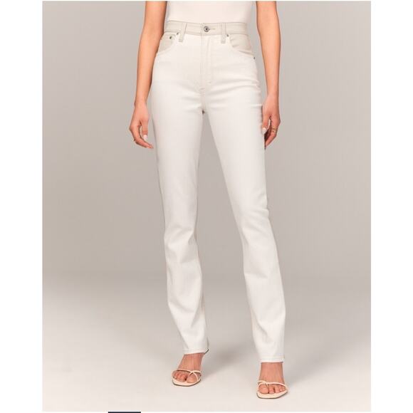 Abercrombie & Fitch Cream Mixed Fabric The 90s Straight High Rise Jeans 27/4R - Picture 1 of 8